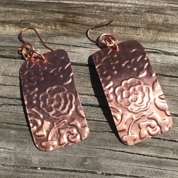 Conceptual Subculture Jewelry - Embossed Roses Earrings Solid Copper Modern Drop Dangle African Bold Statement
